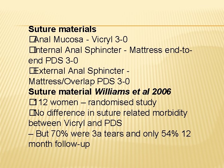Suture materials �Anal Mucosa - Vicryl 3 -0 �Internal Anal Sphincter - Mattress end-toend Suture materials �Anal Mucosa - Vicryl 3 -0 �Internal Anal Sphincter - Mattress end-toend