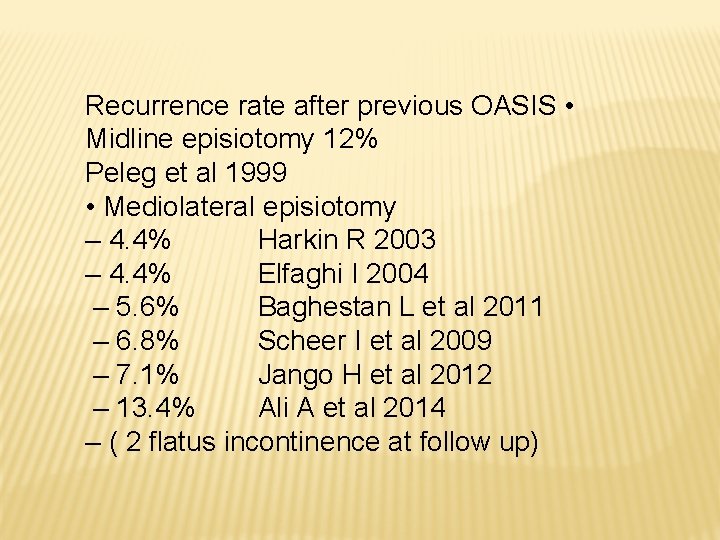 Recurrence rate after previous OASIS • Midline episiotomy 12% Peleg et al 1999 • Recurrence rate after previous OASIS • Midline episiotomy 12% Peleg et al 1999 •