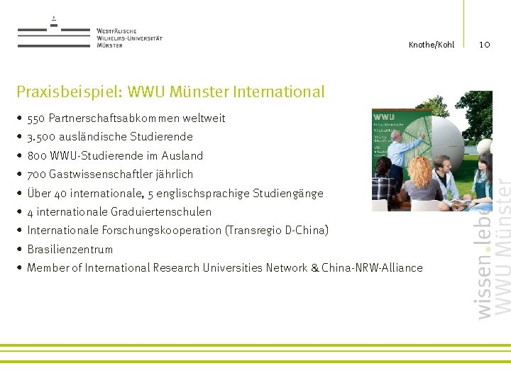 Knothe/Kohl Praxisbeispiel: WWU Münster International • 550 Partnerschaftsabkommen weltweit • 3. 500 ausländische Studierende