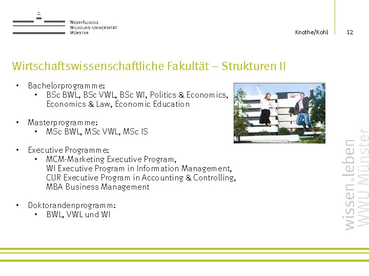 Knothe/Kohl Wirtschaftswissenschaftliche Fakultät – Strukturen II • Bachelorprogramme: • BSc BWL, BSc VWL, BSc