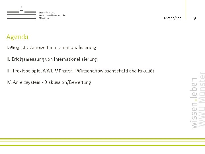 Knothe/Kohl Agenda I. Mögliche Anreize für Internationalisierung II. Erfolgsmessung von Internationalisierung III. Praxisbeispiel WWU