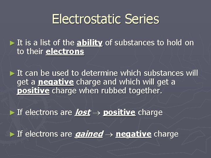 Electrostatic Series ► It is a list of the ability of substances to hold