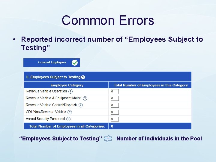 Common Errors • Reported incorrect number of “Employees Subject to Testing” Number of Individuals Common Errors • Reported incorrect number of “Employees Subject to Testing” Number of Individuals