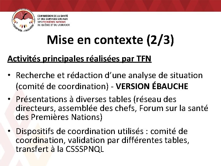 Mise en contexte (2/3) Activités principales réalisées par TFN • Recherche et rédaction d’une