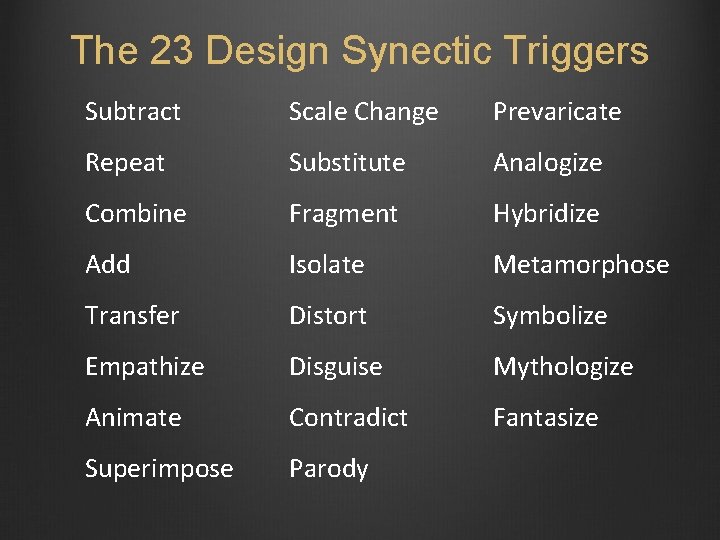 The 23 Design Synectic Triggers Subtract Scale Change Prevaricate Repeat Substitute Analogize Combine Fragment