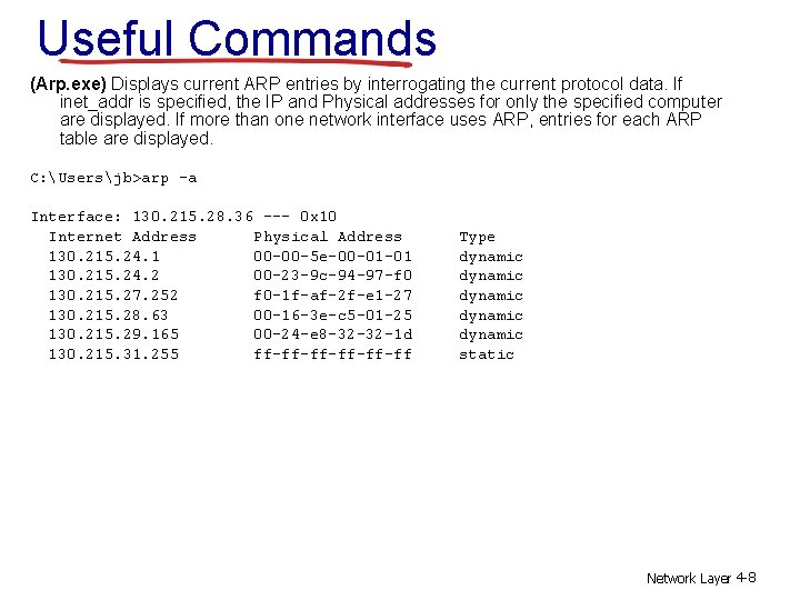 Useful Commands (Arp. exe) Displays current ARP entries by interrogating the current protocol data.