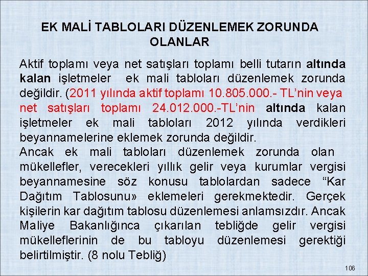 EK MALİ TABLOLARI DÜZENLEMEK ZORUNDA OLANLAR Aktif toplamı veya net satışları toplamı belli tutarın