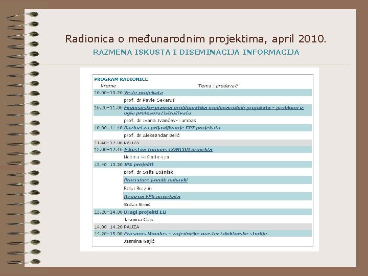 Radionica o međunarodnim projektima, april 2010. RAZMENA ISKUSTA I DISEMINACIJA INFORMACIJA 