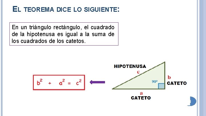 EL TEOREMA DICE LO SIGUIENTE: En un triángulo rectángulo, el cuadrado de la hipotenusa