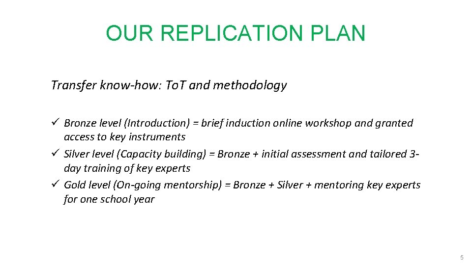 OUR REPLICATION PLAN Transfer know-how: To. T and methodology ü Bronze level (Introduction) =