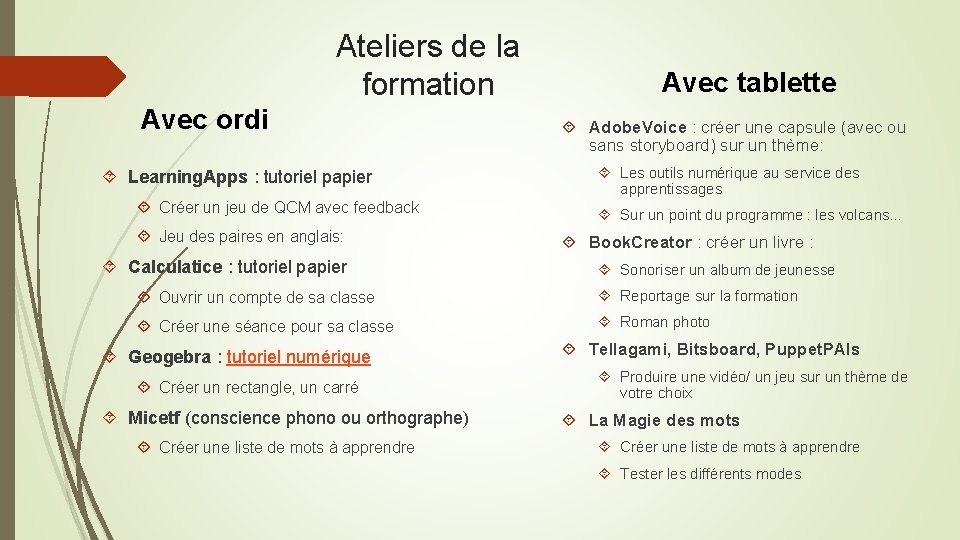 Ateliers de la formation Avec ordi Learning. Apps : tutoriel papier Créer un jeu