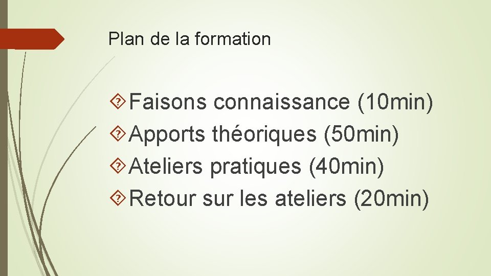 Plan de la formation Faisons connaissance (10 min) Apports théoriques (50 min) Ateliers pratiques