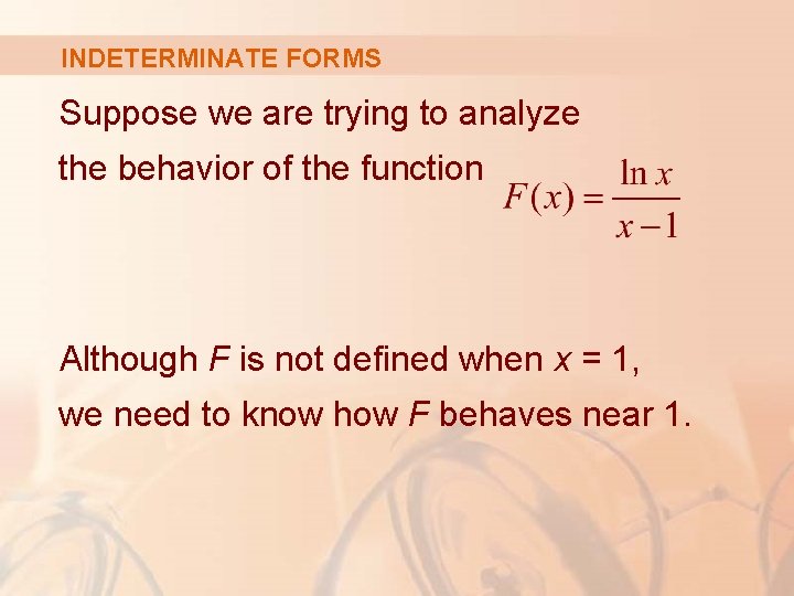 INDETERMINATE FORMS Suppose we are trying to analyze the behavior of the function Although