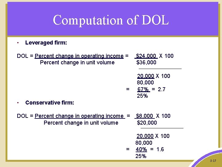 Computation of DOL • Leveraged firm: DOL = Percent change in operating income =