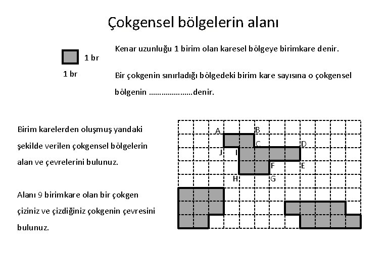 Çokgensel bölgelerin alanı 1 br Kenar uzunluğu 1 birim olan karesel bölgeye birimkare denir.