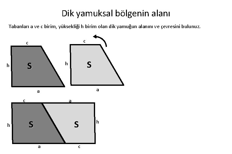 Dik yamuksal bölgenin alanı Tabanları a ve c birim, yüksekliği h birim olan dik