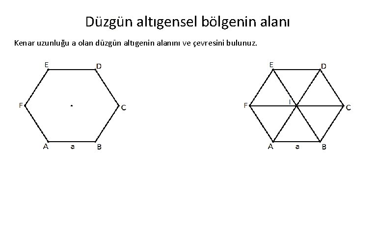 Düzgün altıgensel bölgenin alanı Kenar uzunluğu a olan düzgün altıgenin alanını ve çevresini bulunuz.