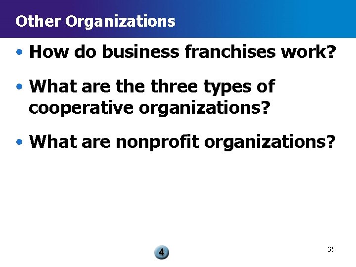 Other Organizations • How do business franchises work? • What are three types of