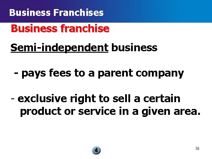 Business Franchises Business franchise Semi-independent business - pays fees to a parent company -