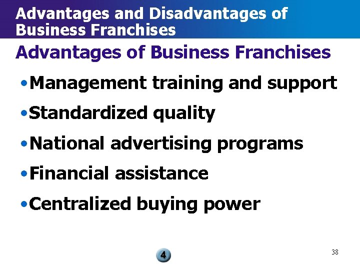 Advantages and Disadvantages of Business Franchises Advantages of Business Franchises • Management training and