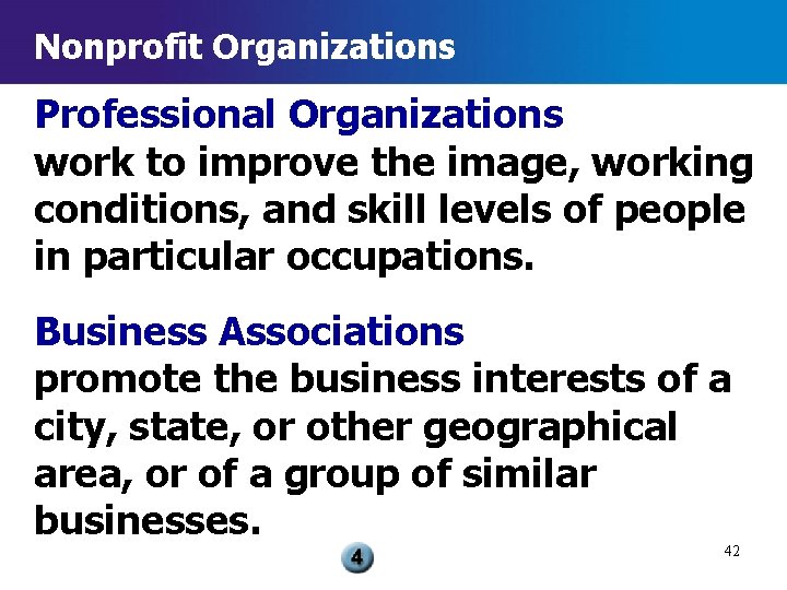 Nonprofit Organizations Professional Organizations work to improve the image, working conditions, and skill levels