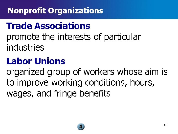 Nonprofit Organizations Trade Associations promote the interests of particular industries Labor Unions organized group