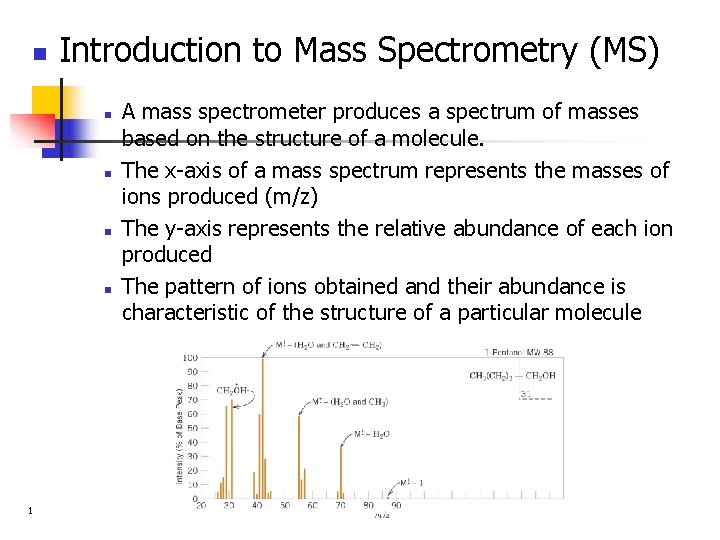 n Introduction to Mass Spectrometry (MS) n n 1 A mass spectrometer produces a