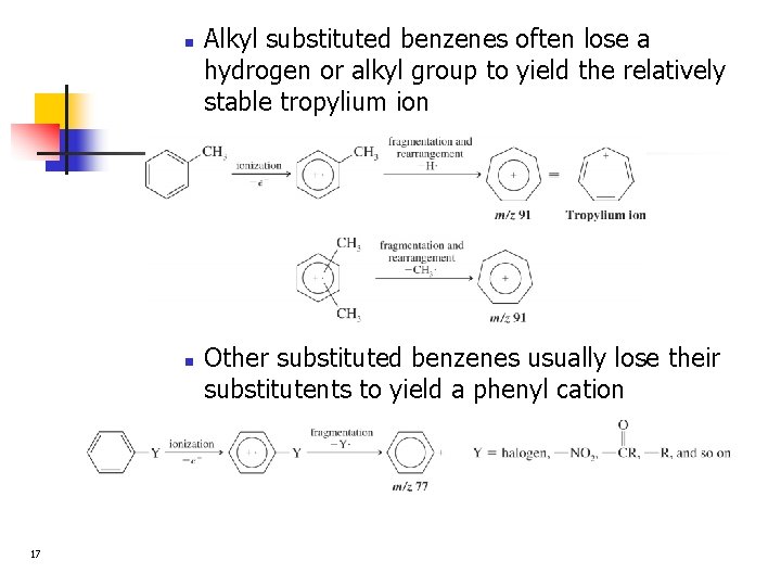 n n 17 Alkyl substituted benzenes often lose a hydrogen or alkyl group to