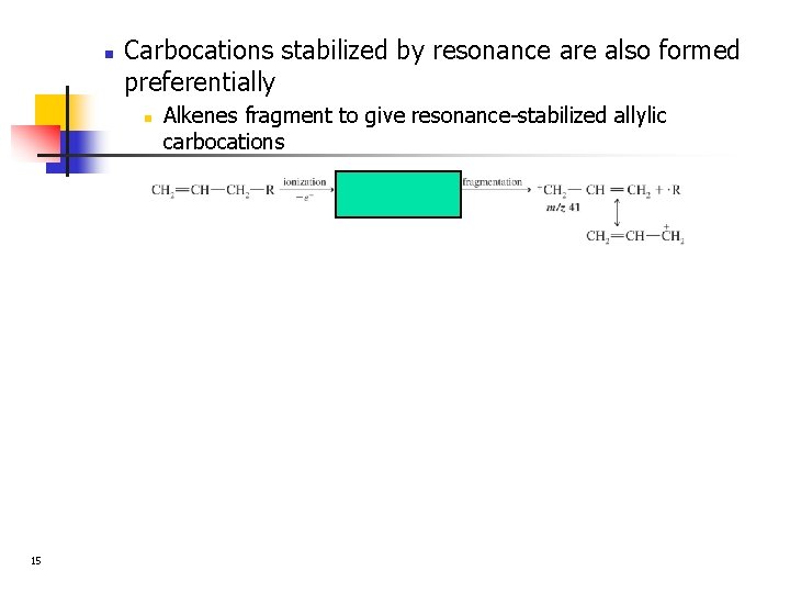 n Carbocations stabilized by resonance are also formed preferentially n 15 Alkenes fragment to