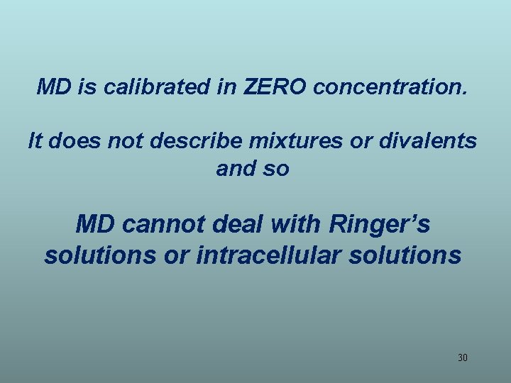 MD is calibrated in ZERO concentration. It does not describe mixtures or divalents and