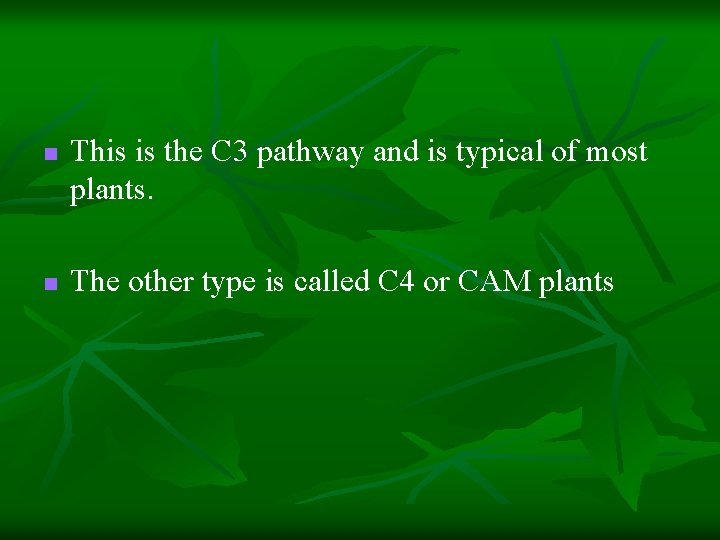 n n This is the C 3 pathway and is typical of most plants. n n This is the C 3 pathway and is typical of most plants.
