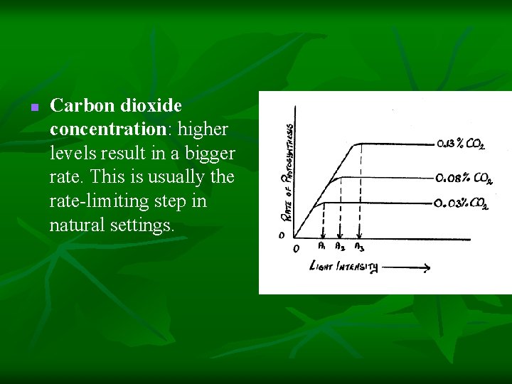n Carbon dioxide concentration: higher levels result in a bigger rate. This is usually n Carbon dioxide concentration: higher levels result in a bigger rate. This is usually