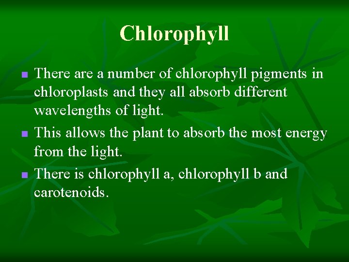 Chlorophyll n n n There a number of chlorophyll pigments in chloroplasts and they Chlorophyll n n n There a number of chlorophyll pigments in chloroplasts and they