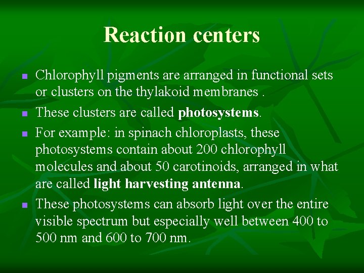 Reaction centers n n Chlorophyll pigments are arranged in functional sets or clusters on Reaction centers n n Chlorophyll pigments are arranged in functional sets or clusters on
