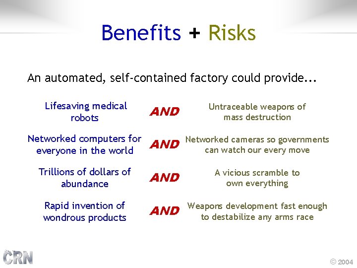 Benefits + Risks An automated, self-contained factory could provide. . . Lifesaving medical robots