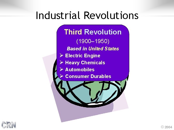 Industrial Revolutions Third Revolution (1900– 1950) Based in United States Ø Electric Engine Ø