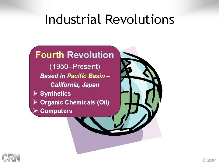 Industrial Revolutions Fourth Revolution (1950–Present) Based in Pacific Basin – California, Japan Ø Synthetics