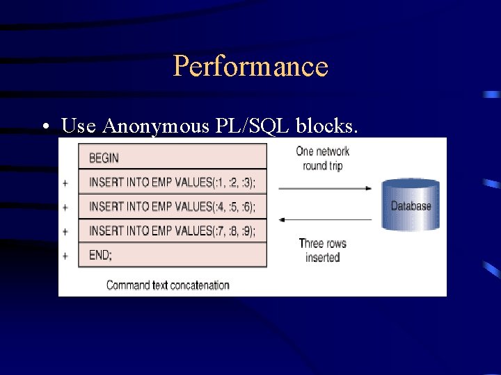 Performance • Use Anonymous PL/SQL blocks. 