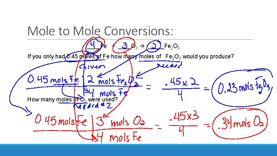 Mole to Mole Conversions: ____Fe + ____O 2 _____Fe 2 O 3 If you