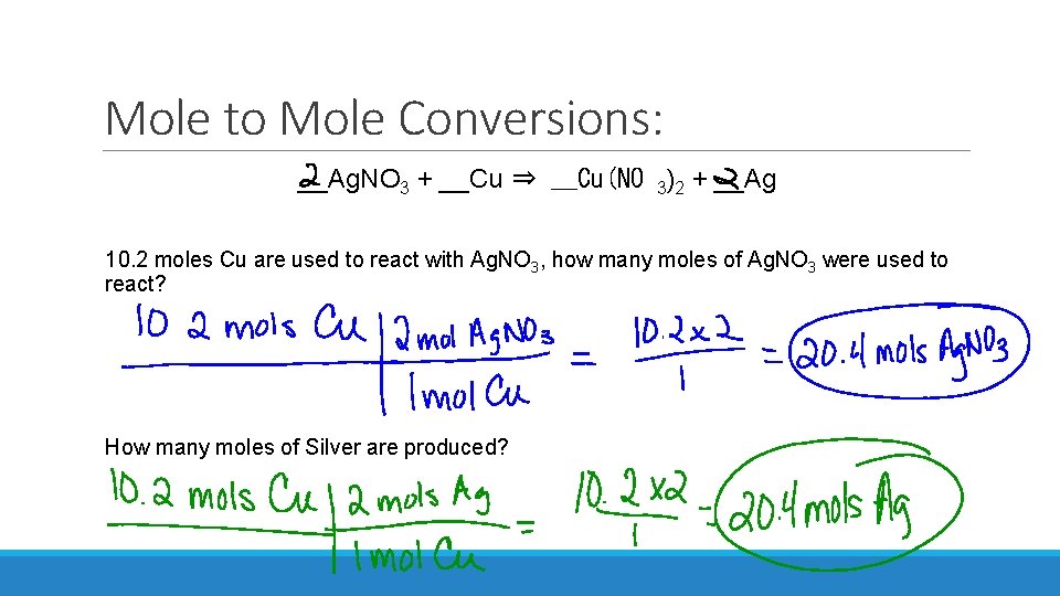 Mole to Mole Conversions: __Ag. NO 3 + __Cu ⇒ __Cu(NO 3)2 + __Ag