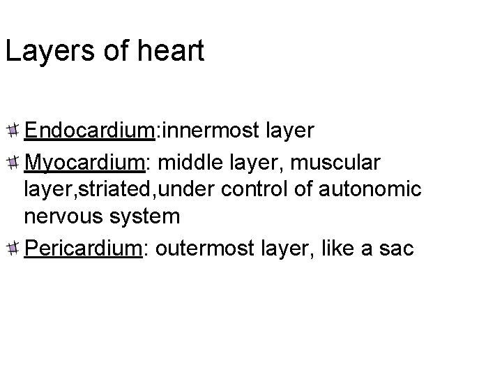 Layers of heart Endocardium: innermost layer Myocardium: middle layer, muscular layer, striated, under control
