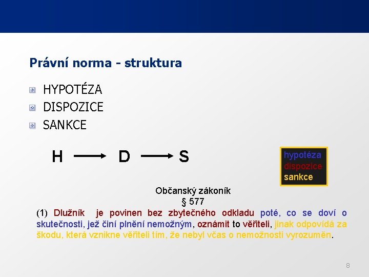Právní norma - struktura HYPOTÉZA DISPOZICE SANKCE H D S hypotéza dispozice sankce Občanský