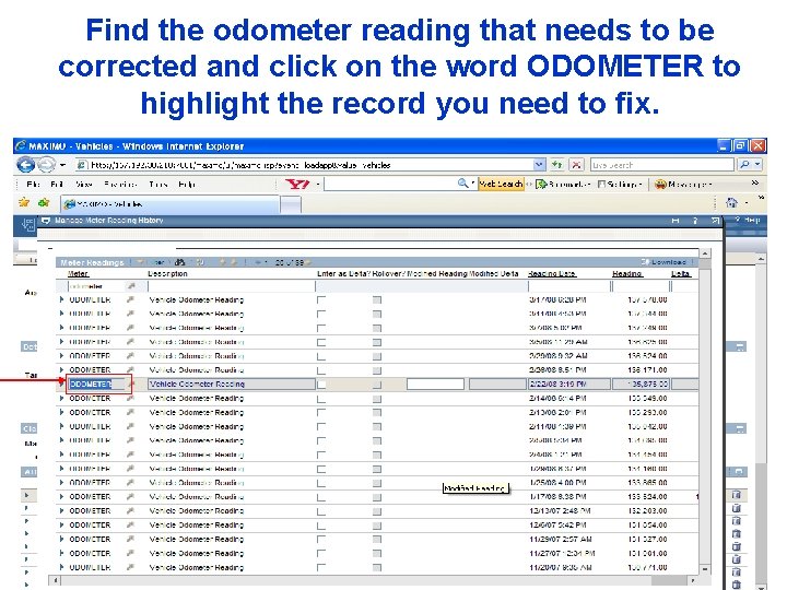 Find the odometer reading that needs to be corrected and click on the word