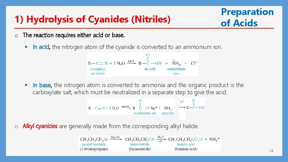 1) Hydrolysis of Cyanides (Nitriles) Preparation of Acids o The reaction requires either acid