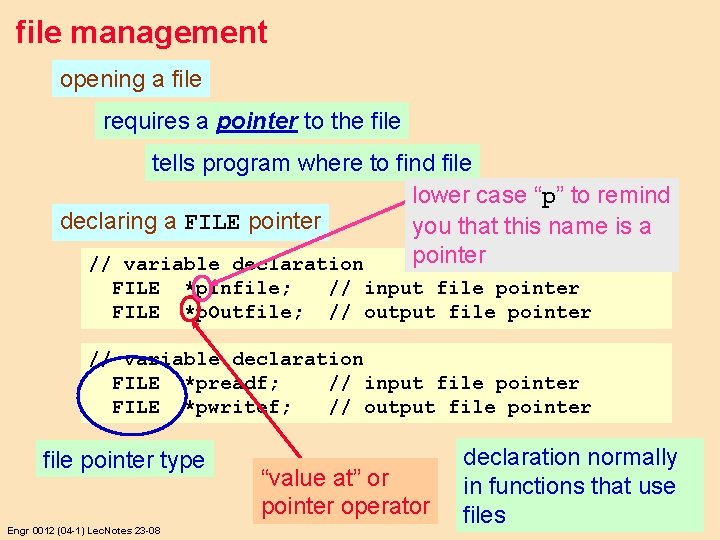 file management opening a file requires a pointer to the file tells program where