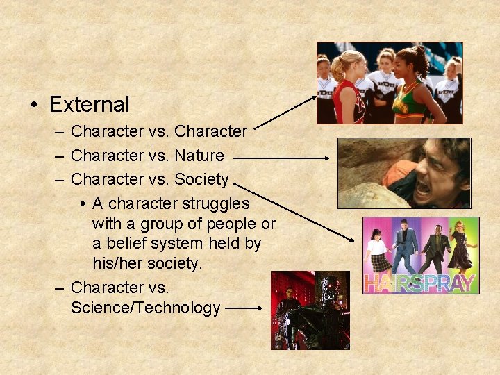  • External – Character vs. Character – Character vs. Nature – Character vs.