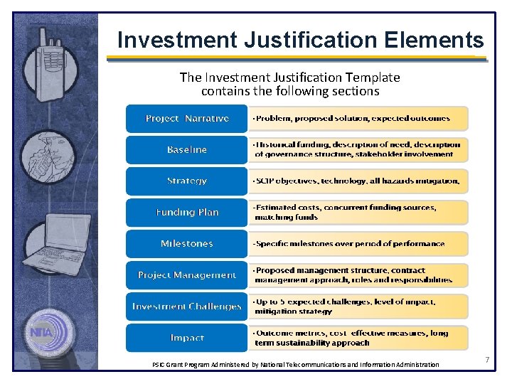 Investment Justification Elements The Investment Justification Template contains the following sections PSIC Grant Program
