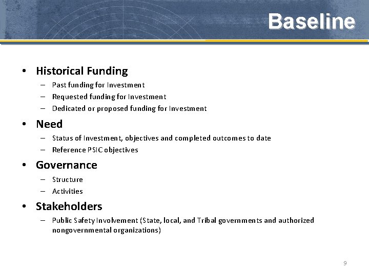 Baseline • Historical Funding – Past funding for Investment – Requested funding for Investment