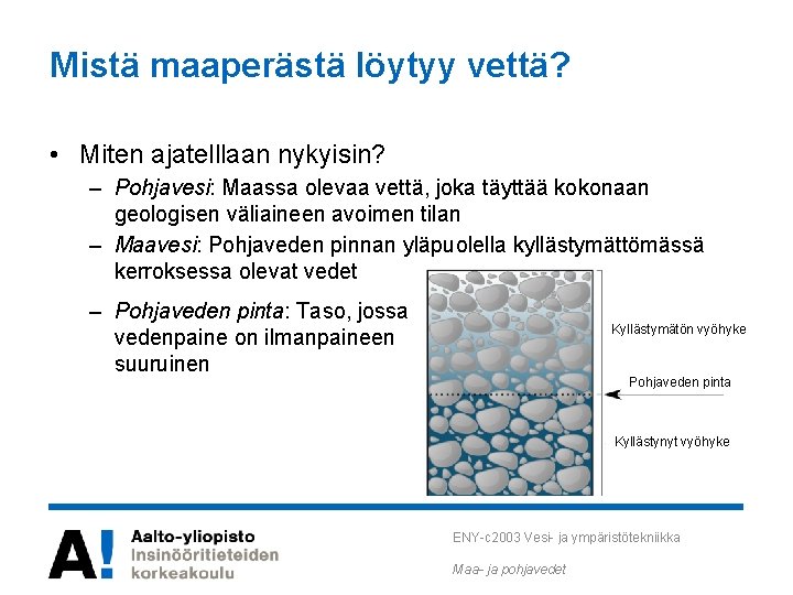 Mistä maaperästä löytyy vettä? • Miten ajatelllaan nykyisin? – Pohjavesi: Maassa olevaa vettä, joka Mistä maaperästä löytyy vettä? • Miten ajatelllaan nykyisin? – Pohjavesi: Maassa olevaa vettä, joka