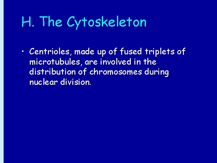 H. The Cytoskeleton • Centrioles, made up of fused triplets of microtubules, are involved